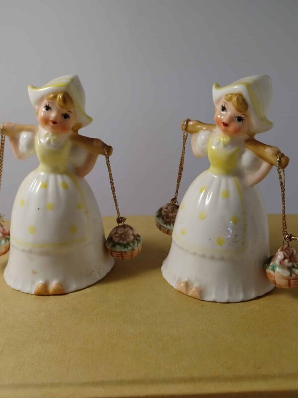 Pair of Vintage Bone China Dutch Girl Bell - Yellow Polka Dot Girl Figurines