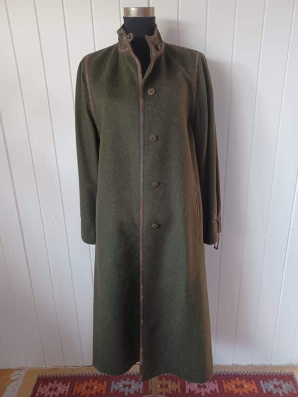 Goldix - Vintage Wool Olive Green Long Leather Edged Coat - Size L